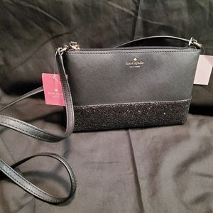 NWT Kate Spade Ramey Black Saffiano Leather Flashy Glitter Crossbody Bag